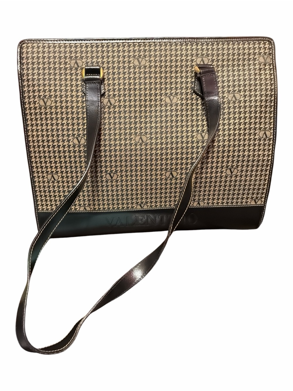Valentino Garavani Brown and Cream Houndstooth Leather-Trim Tote